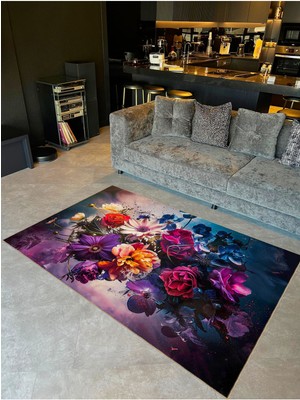 Buse Koleksiyonu Mor Temalı Çok Renkli Çiçekler Desenli Dokuma Taban Modern Dekoratif Halı BUSE10