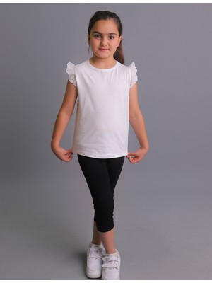  Kız Çocuk Fırfırlı Kol Detaylı Beyaz Tişört Ve Siyah Tayt Ikili Takım - Rahat Kombin - %100 Pamuk - Alt Üst Takım