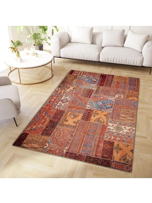 Cansu Koleksiyonu Patchwork Görünümlü Kahverengi Tonlarda Dokuma Taban Modern Dekoratif Halı CANSU05