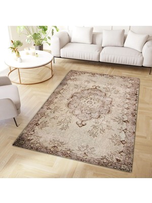 Cansu Koleksiyonu Eskitme Görünümlü Kahverengi Bej Desenli Dokuma Taban Dekoratif Halı CANSU45