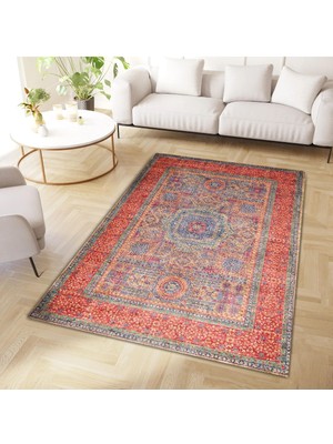 Cansu Koleksiyonu Eskitme Görünümlü Turuncu Yeşil Desenli Dokuma Taban Modern Dekoratif Halı CANSU37