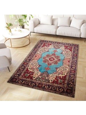 Cansu Koleksiyonu Çok Renkli Desenli Mavi Detaylı Dokuma Taban Modern Dekoratif Halı CANSU31