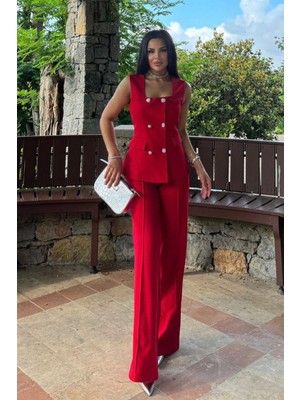 Kadın Alt Üst Ikili Takım Şık Düğme Detaylı Kare Yaka Yelek Pantolon Takım