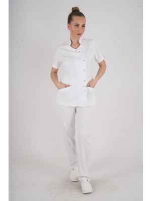 Aylu Model Soft Likra Beyaz Doktor Hemşire Hastane Scrubs Üniforma Takımı