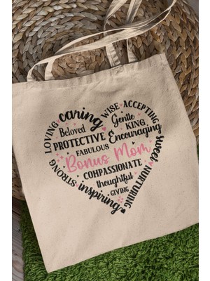Mom Kalp Şekilli Yazılı Baskılı Anneler Günü Hediyelik Bej %100 Pamuklu Ham Bez Bej Çanta