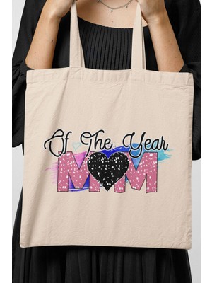 Mom Of The Year No:2 Baskılı Anneler Günü Hediyelik Bej %100 Pamuklu Ham Bez Bej Çanta