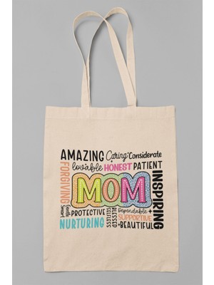 Amazing Mom Baskılı Anneler Günü Hediyelik Bej %100 Pamuklu Ham Bez Bej Çanta