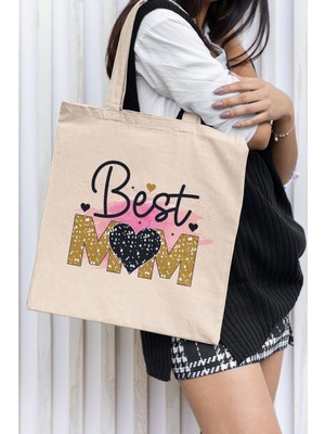 Best Mom No:2 Baskılı Anneler Günü Hediyelik Bej %100 Pamuklu Ham Bez Bej Çanta