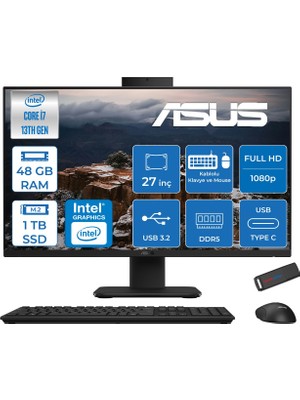 Asus V470VAK Intel Core I7-13620H 48GB Ddr5 1tb SSD 27'' Fhd 100Hz 300NITS Freedos  Siyah Allınone Bilgisayar ASI716512B0DFF23+ZETTAUSBBELLEK