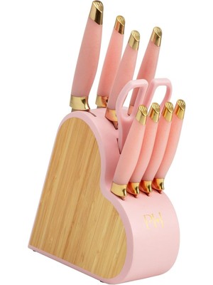 10 Parçalı Bıçak Seti, Paslanmaz Çelik, Bambu Bloklu, Pembe Renkli