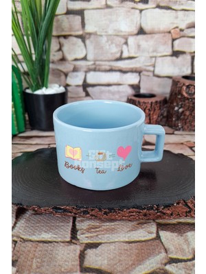 Books Tea Love Temalı Kitap ve Çay Aşkı Kare Kulplu Fincan Mavi Kupa Bardak