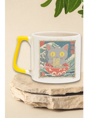 Ramen Ilüstrasyon Kedi 8 Baskılı Manga Kedi Ramen Aşkı Doğum Günü Hediye Sarı Kulplu Kupa Bardak