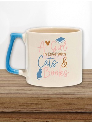A Girl In Love With Cats & Books Baskılı Kedi Kitap Aşkı Hediyelik Mavi Kulplu Kupa Bardak