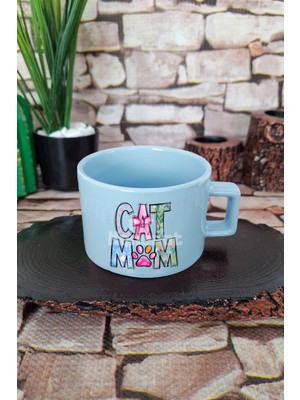Cat Mom Desenli Kedi Annesi Kedisever Şık Kare Kulplu Fincan Mavi Kupa Bardak