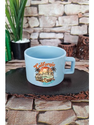 California Summer Trip Baskılı Yaz Tatili Gezisi Teması Kare Kulplu Fincan Mavi Kupa Bardak