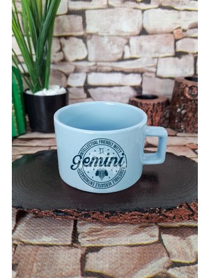 Gemini Traits Baskılı Ikizler Burcu Kare Kulplu Fincan Mavi Kupa Bardak