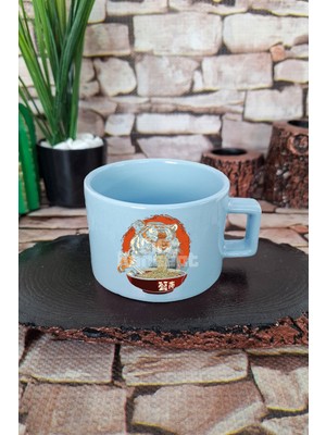 Ramen Tiger 2 Baskılı Japon Noodle Kaplan Anime Çizimi Kare Kulplu Fincan Mavi Kupa Bardak