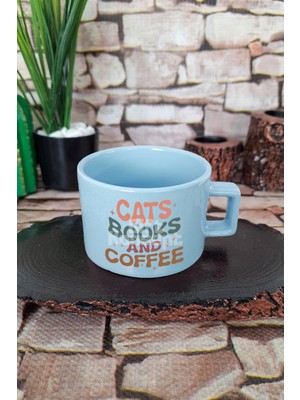Cats Books And Coffee Temalı Kedi Kitap Kahve Üçlüsü Kare Kulplu Fincan Mavi Kupa Bardak