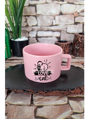 Love Cat Baskılı Kedi Sevgisi Kedisever Aşkı Kare Kulplu Fincan Pembe Kupa Bardak