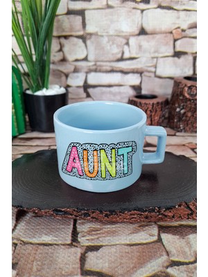 Aunt Yazılı Baskılı Şık Hala Teyze Kare Kulplu Fincan Mavi Kupa Bardak