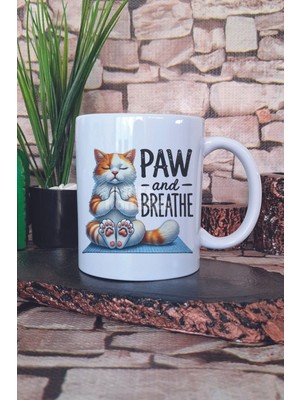 Paw And Breathe Baskılı Kedi Yoga Meditasyon Hediyelik Baskılı Çay Kahve Sunum Kupa Bardak