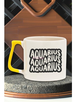 Aquarius Retro Outline Baskılı Kova Burcu Astroloji Doğum Günü Hediye Sarı Kulplu Kupa Bardak