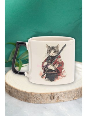 Sevimli Samuray Kedi Baskılı Japon Anime Manga Savaşçı Doğum Günü Hediye Siyah Kulplu Kupa Bardak