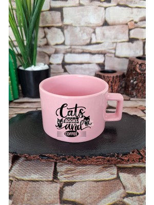 Cats Books And Coffee Temalı Kedi Kitap Kahve Sever Kare Kulplu Fincan Pembe Kupa Bardak