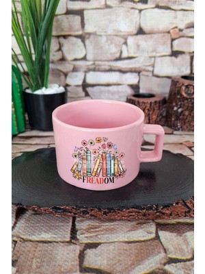 Book Lover Aesthetic Freedom Baskılı Kitapsever Okuma Aşkı Kare Kulplu Fincan Pembe Kupa Bardak