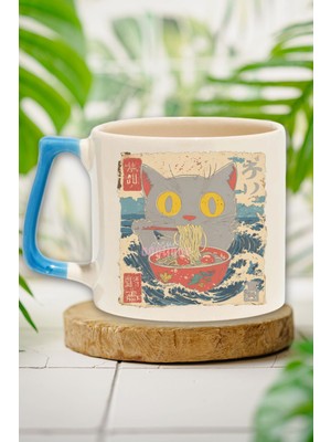 Ramen Ilüstrasyon Kedi 7 Baskılı Japon Sanatı Kedi Anime Doğum Günü Hediye Mavi Kulplu Kupa Bardak