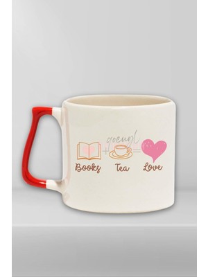Books Tea Love Temalı Kitap ve Çay Aşkı Hediyelik Kırmızı Kulplu Kupa Bardak