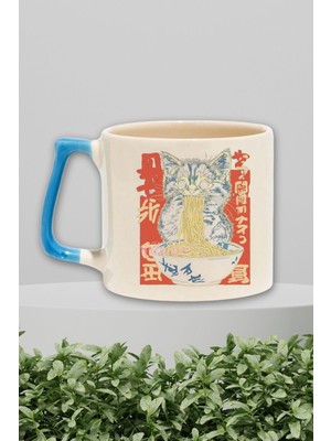 Ramen Kedi Noodle 3 Baskılı Kawaii Japon Anime Yiyecek Doğum Günü Hediye Mavi Kulplu Kupa Bardak