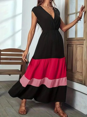 Defy Moda Kadın Kısa Kollu Kruvaze Yakalı Çok Renkli Aerobin Elbise