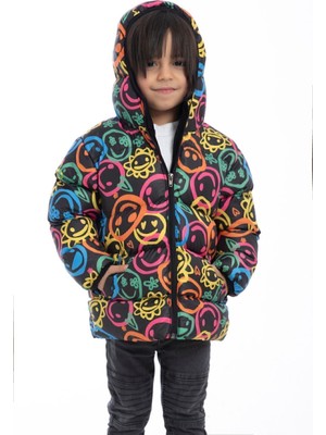 Erkek Çocuk Gülen Emoji Polarlı Kürklü Su ve Rüzgar Geçirmez Kapüşonlu Cepli Kışlık Şişme Mont