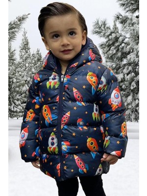 Erkek Çocuk Polarlı Kapüşonlu Roket Desenli Kışlık Şişme Mont & Kaban & Parka