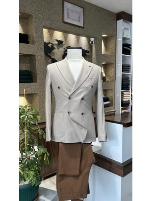 Bej Kruvaze Slim Fit Erkek Ceket (Astarsız)
