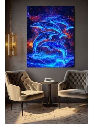 Denizde Gezen 4 Neon Yunus'lar Kanvas Tablo Ev Duvar Salon Ofis Dükkan Hediyelik Dekarasyon Süsü