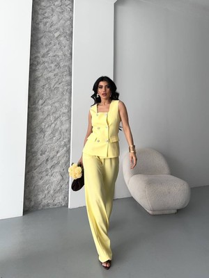 Kadın Alt Üst Ikili Takım Şık Düğme Detaylı Kare Yaka Yelek Pantolon Takım