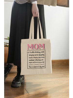 Happy Mother's Day No:2 Baskılı Anneler Günü Hediyelik Bej %100 Pamuklu Ham Bez Bej Çanta