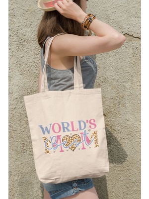 World's Best Mom Baskılı Anneler Günü Hediyelik Bej %100 Pamuklu Ham Bez Bej Çanta