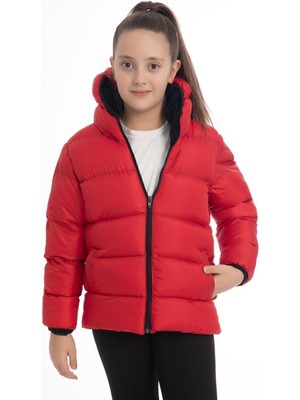 Kız Çocuk Polarlı Kürklü Kapüşonlu Su Geçirmez Rüzgara Dayanıklı Cepli Şişme Kışlık Mont