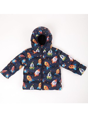 Spor Kız Çocuk Polarlı Kürklü Kapüşonlu Roket Desenli Şişme Mont Parka
