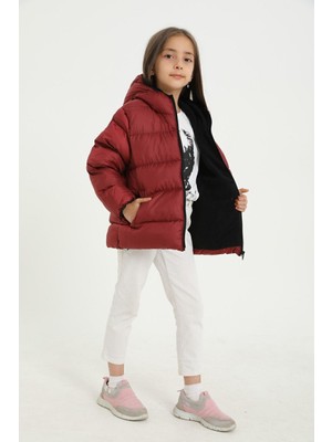 Spor Kız Çocuk Polarlı Kürklü Kapüşonlu Su Geçirmez Rüzgara Dayanıklı Şişme Mont