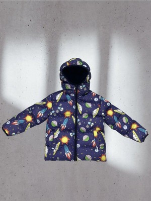 Kız Çocuk Polarlı Kapüşonlu Ufo Desenli Kışlık Şişme Mont & Kaban & Parka