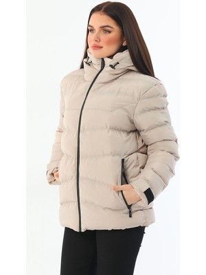 First Stops Spor Kadın Polarlı Kürklü Kapüşonlu Su Geçirmez Rüzgara Dayanıklı Şişme Mont Parka