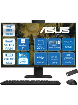 Asus V470VAK Intel Core İ5-13420H 96GB Ddr5 256GB SSD 27'' Fhd 100Hz 300NITS Windows 11 Home Siyah Allınone Bilgisayar ASI58512B0DH36+ZETTAUSBBELLEK