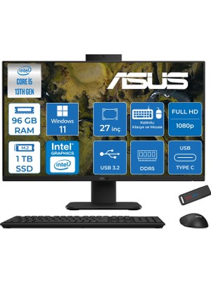 Asus V470VAK Intel Core İ5-13420H 96GB Ddr5 1tb SSD 27'' Fhd 100Hz 300NITS Windows 11 Pro Siyah Allınone Bilgisayar ASI58512B0DP38+ZETTAUSBBELLEK