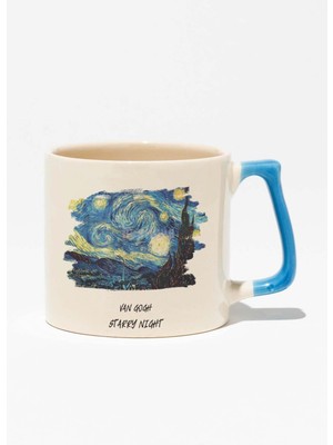 Van Gogh Temalı Starry Night Baskılı Mavi Kulplu Modern Seramik Kupa