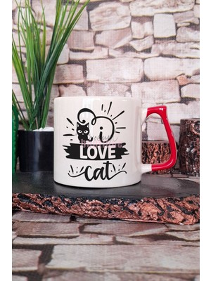 Love Cat Baskılı Kedi Sevgisi Kedisever Aşkı Hediyelik Kulplu Kupa Bardak