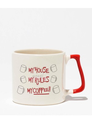My House My Rules My Coffee Baskılı | Hediyelik | Kırmızı Kulplu Modern Seramik Kupa